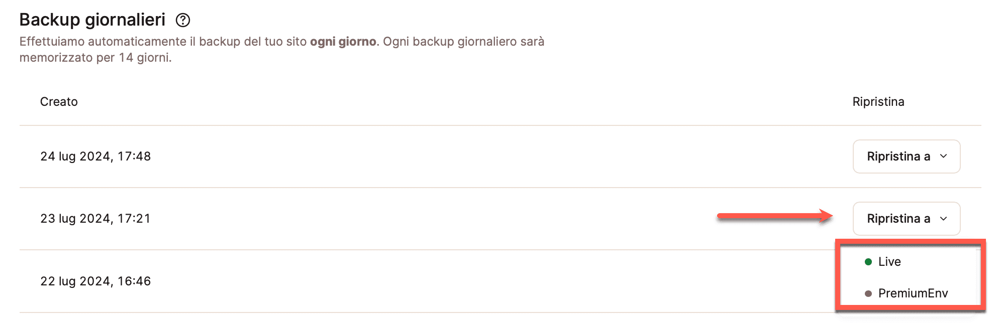 Ripristino di un backup in Staging