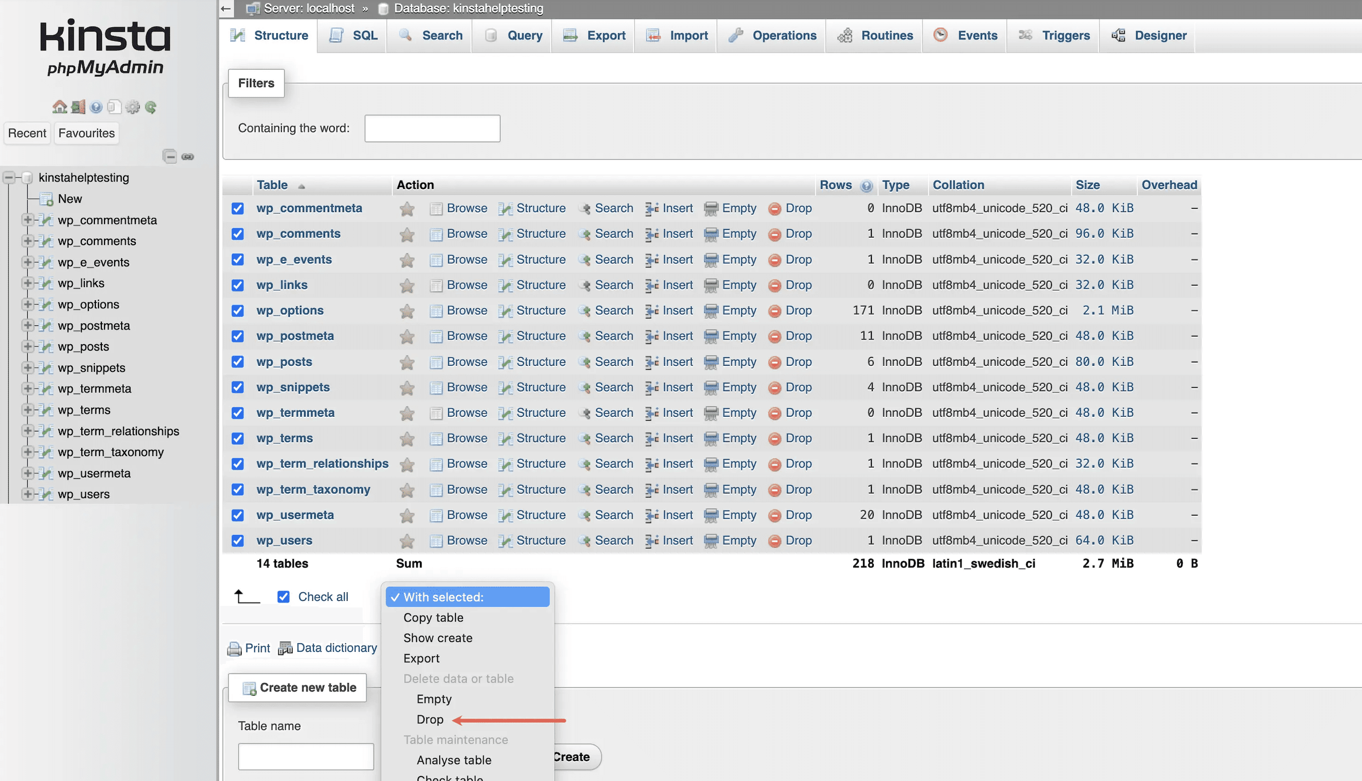 phpMyAdminでデータベーステーブルを削除