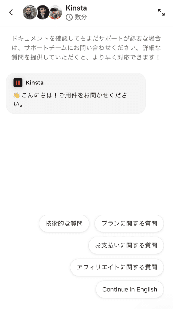 MyKinstaのチャット画面