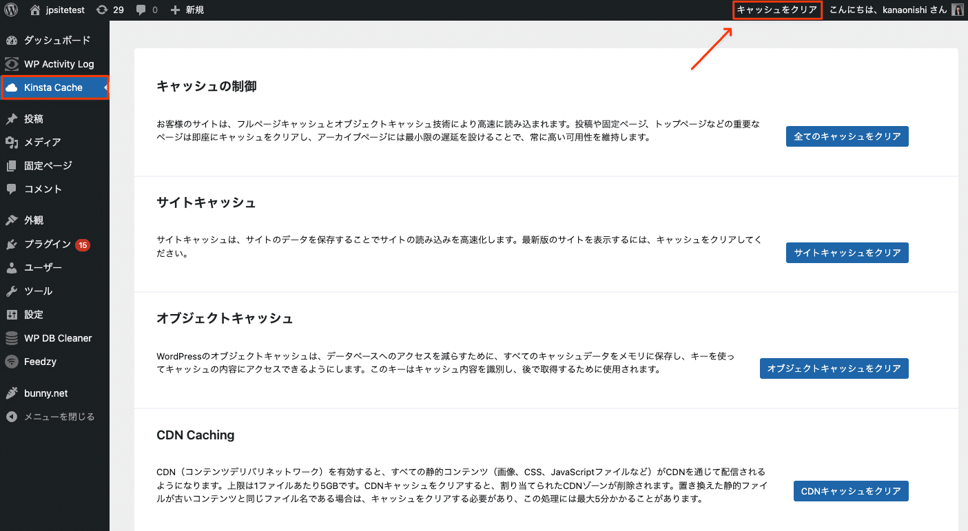 WordPress管理画面のKinsta MUプラグインページ（Kinsta Cache）