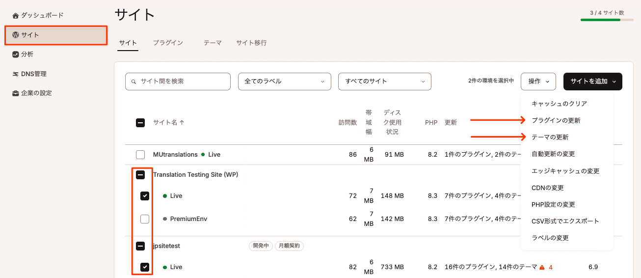 プラグインやテーマを更新したい環境を選択