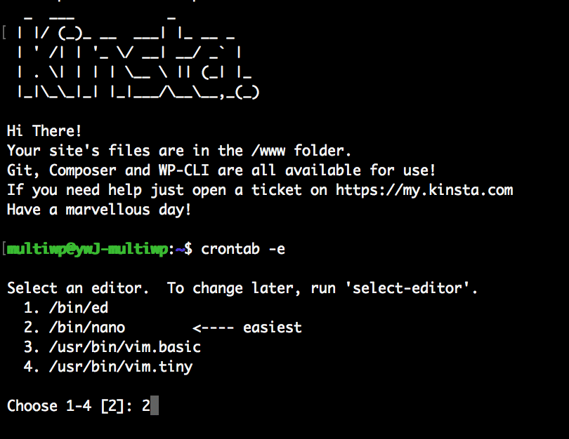 Run crontab -e and then select your preferred text editor.