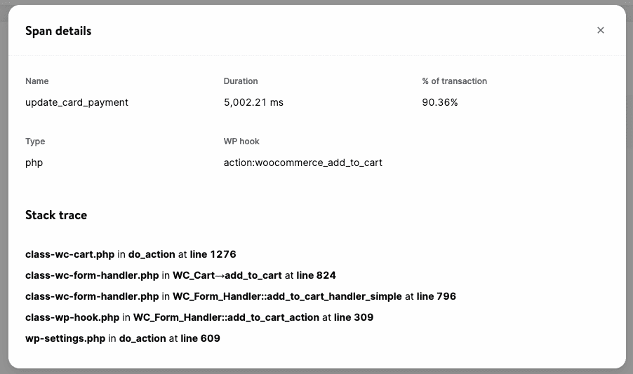 View the span details, including the stack trace.