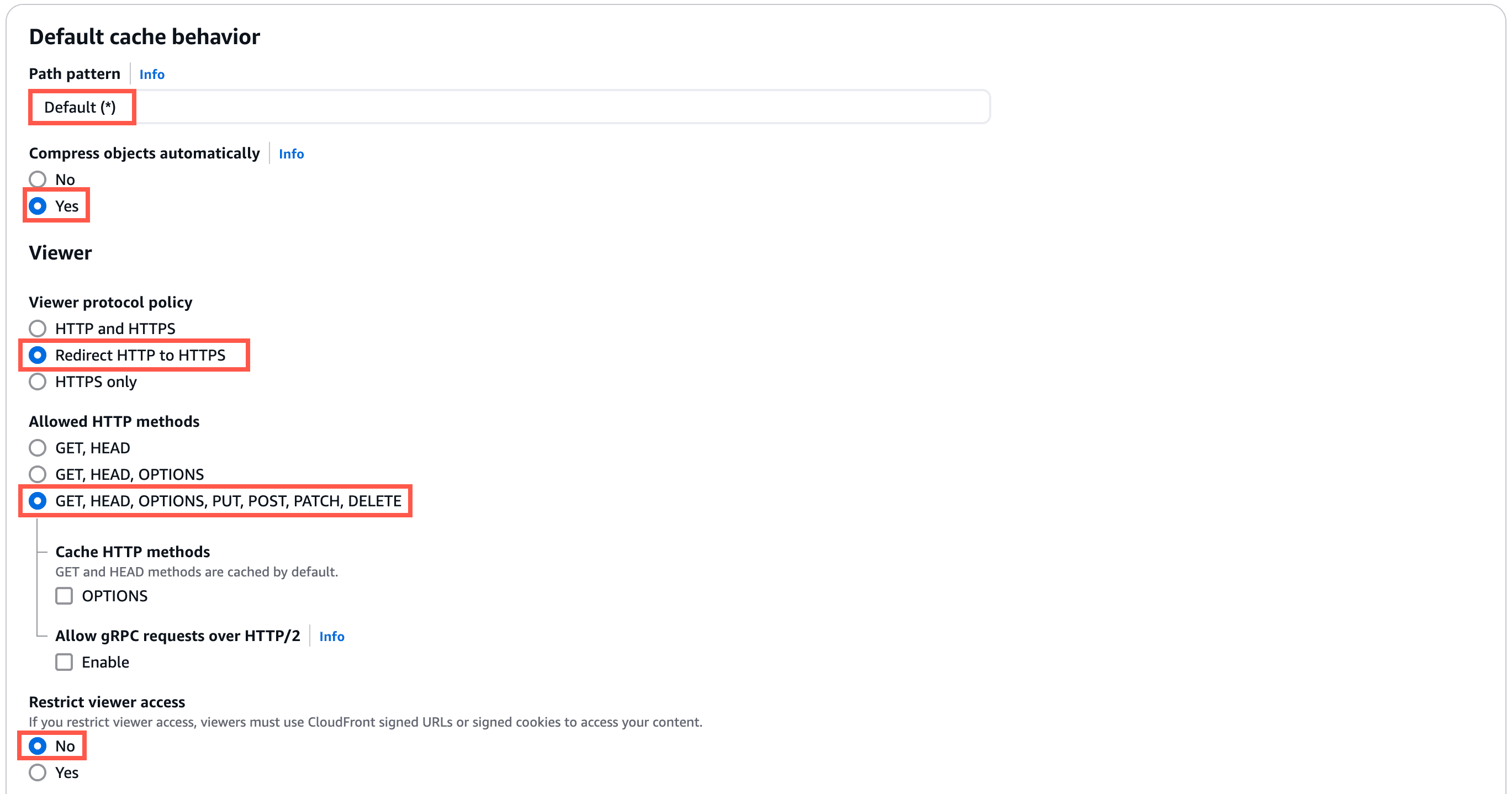 Recommended cache behavior settings for CloudFront distribution.