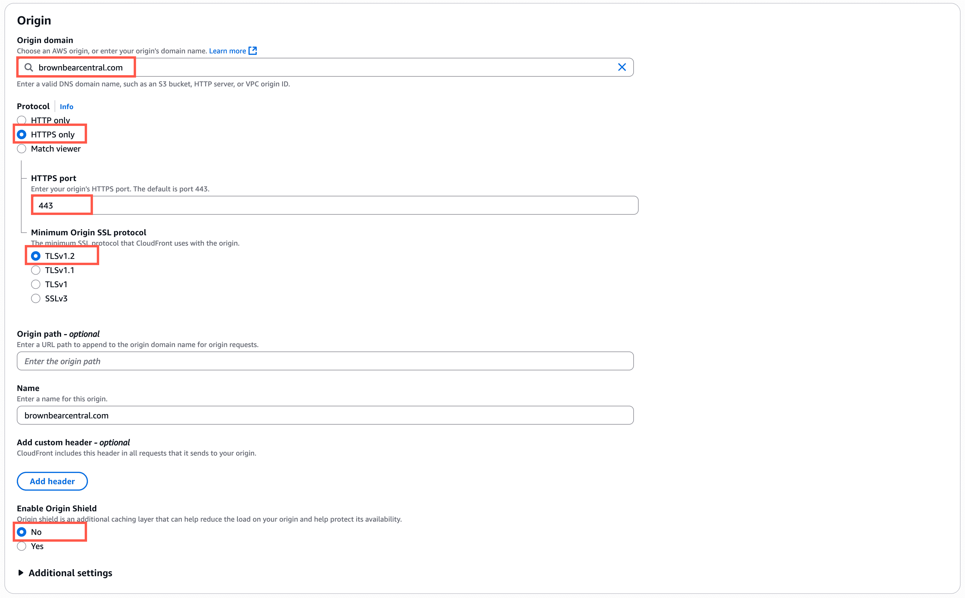 Recommended Origin settings for CloudFront distribution.