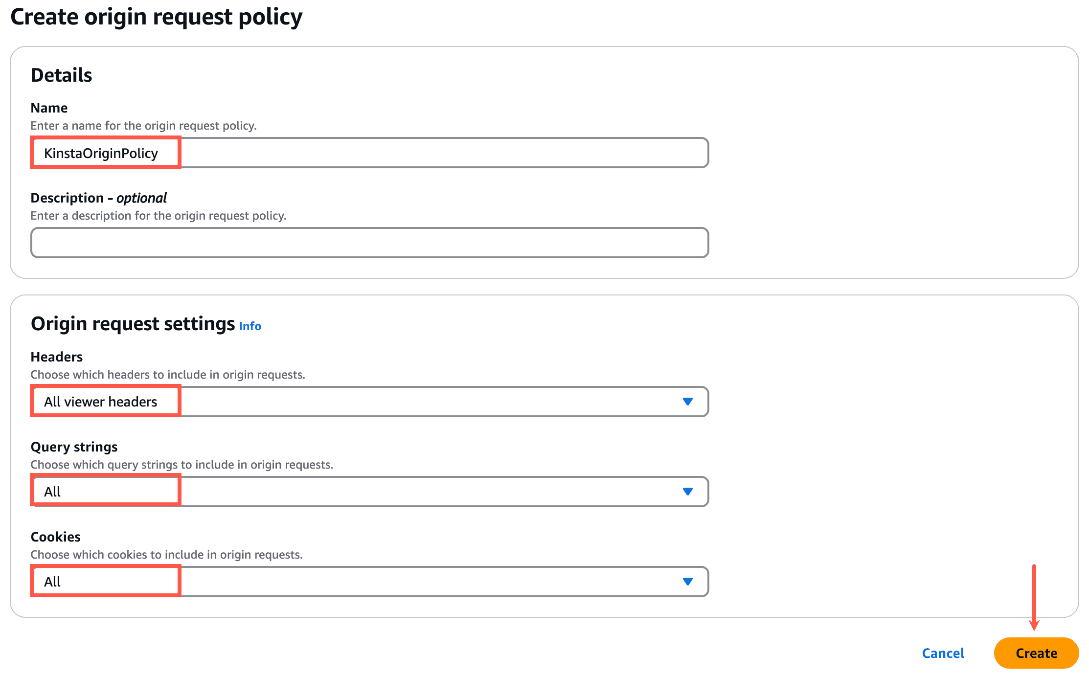CloudFront Origin request policy settings.