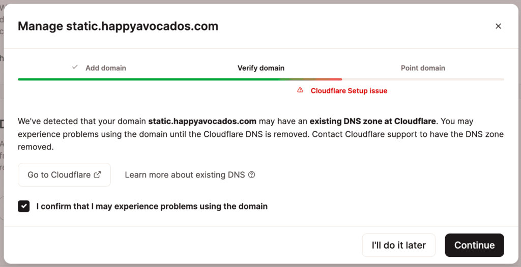 Warning about existing DNS record at Cloudflare.