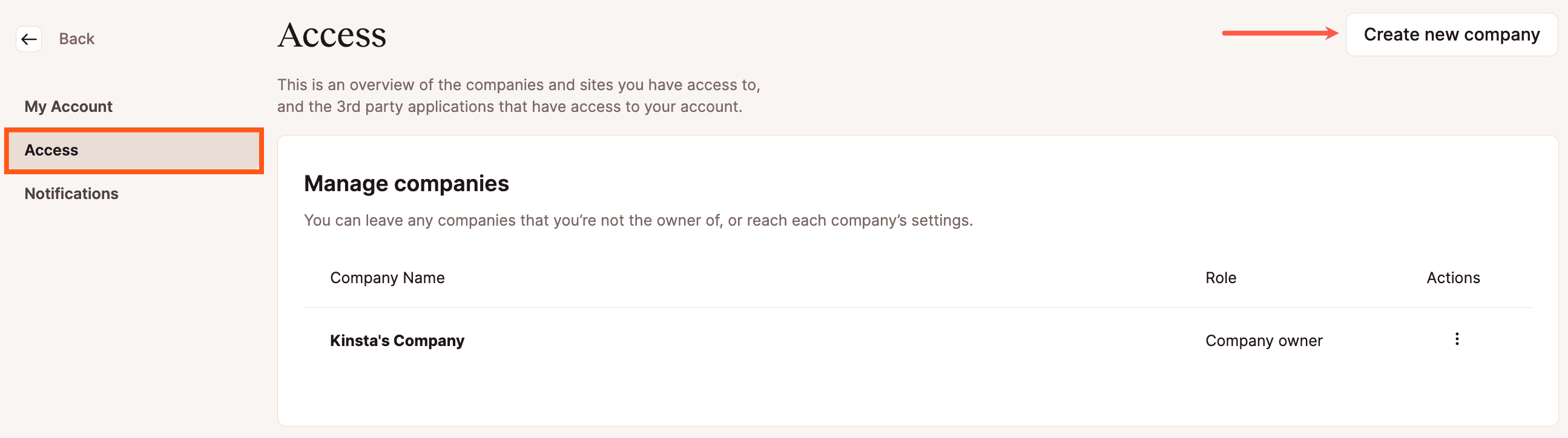 Create a new company in MyKinsta.