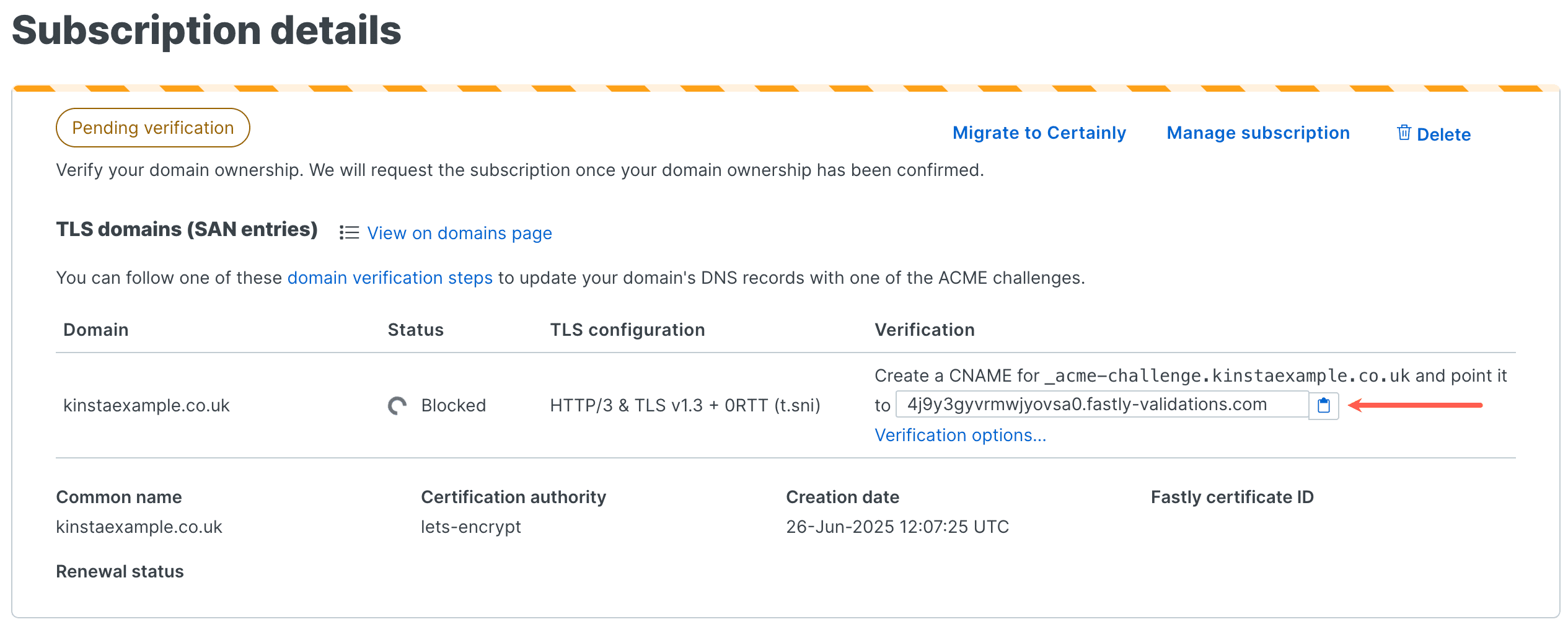 CNAME record details to verify your domain.