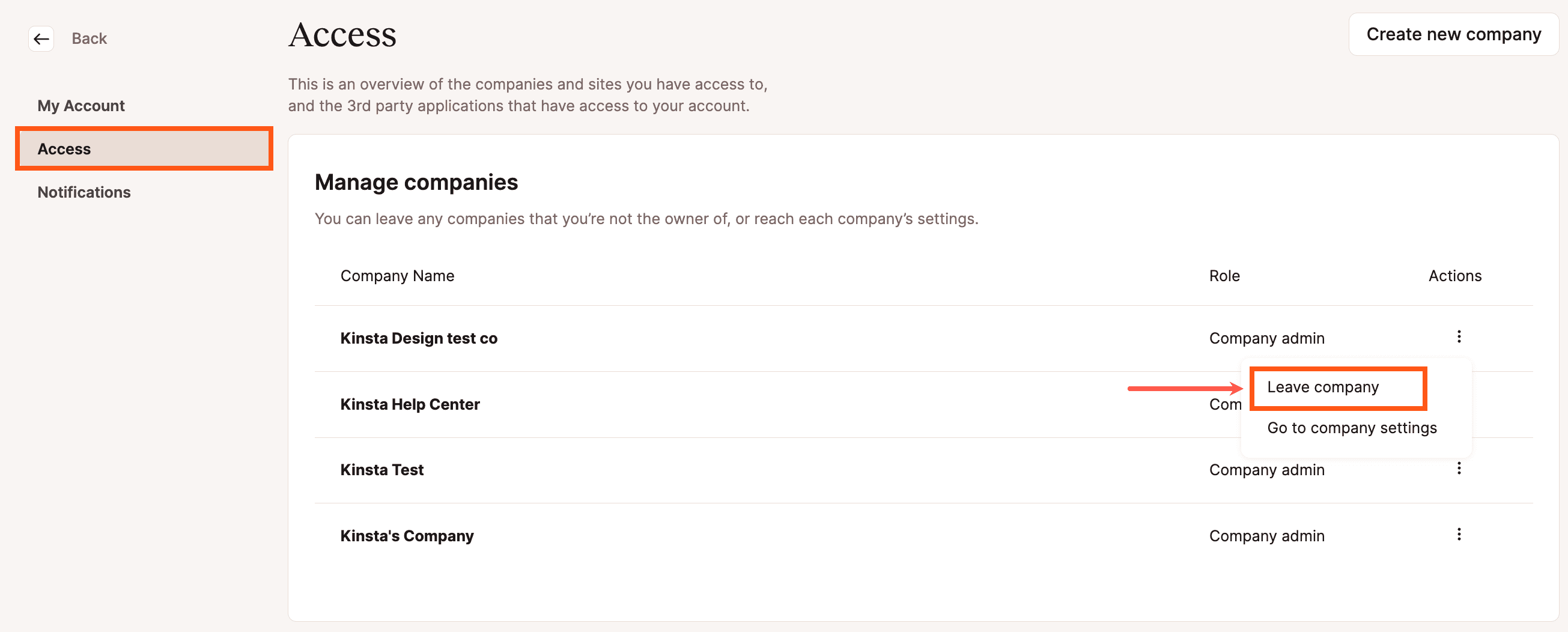 Een bedrijf verlaten in MyKinsta Gebruikersinstellingen.