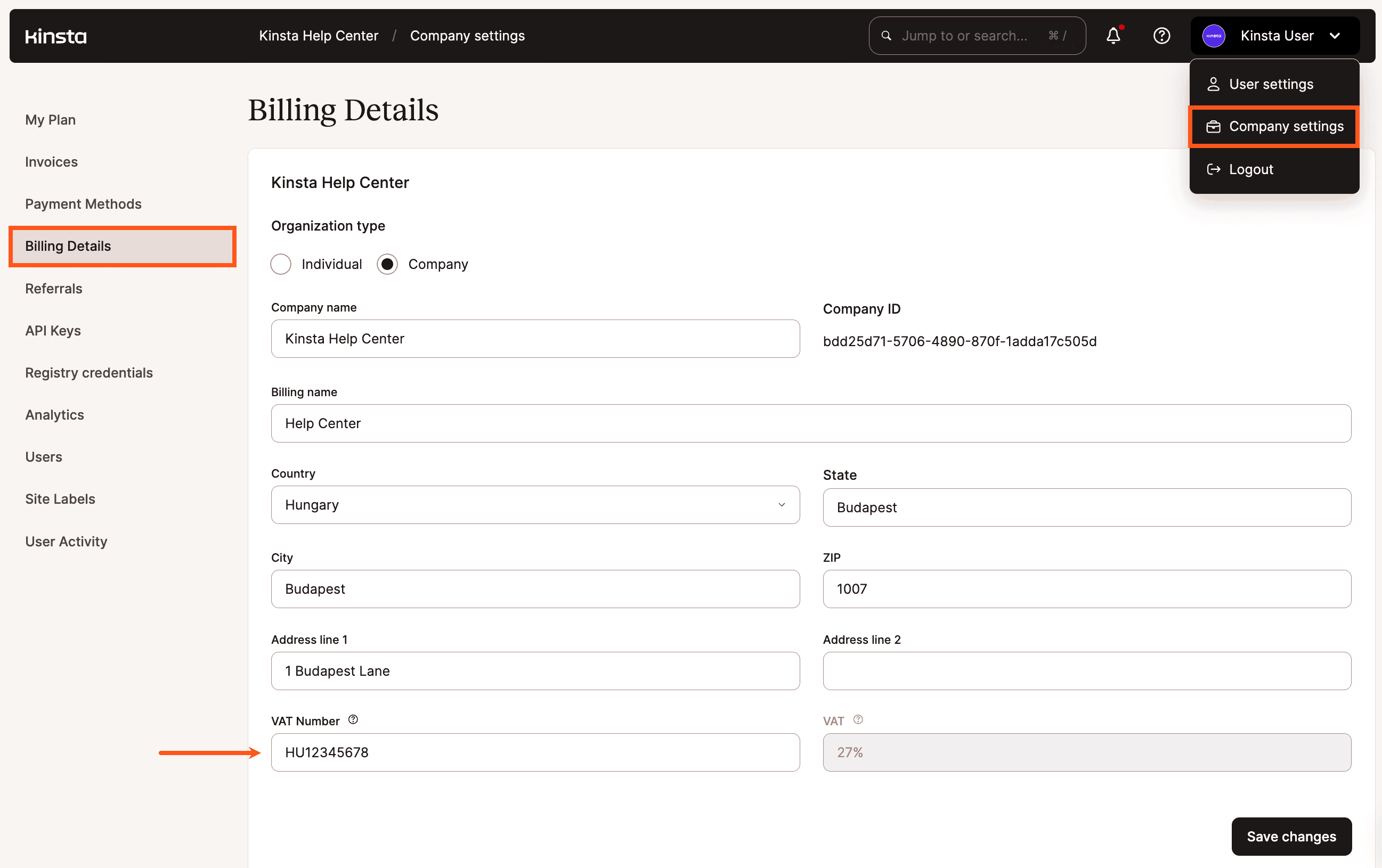 Saisissez votre numéro de TVA dans MyKinsta.