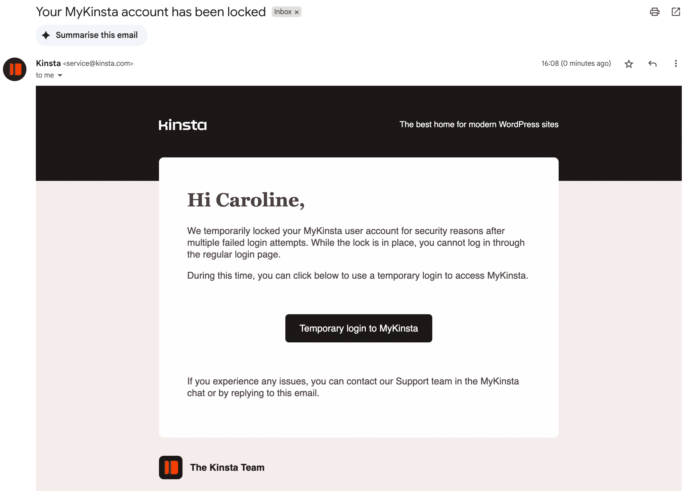 Email notification when your MyKinsta account is locked. 