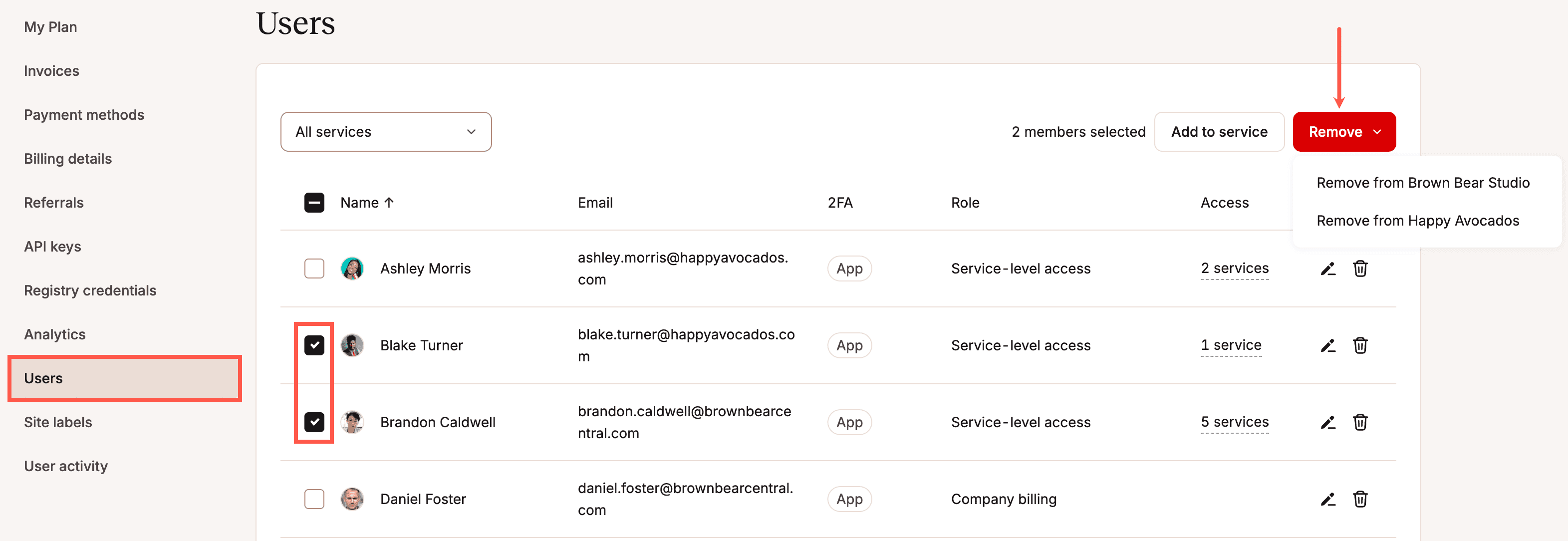 Meerdere gebruikers selecteren en verwijderen uit een service in MyKinsta.