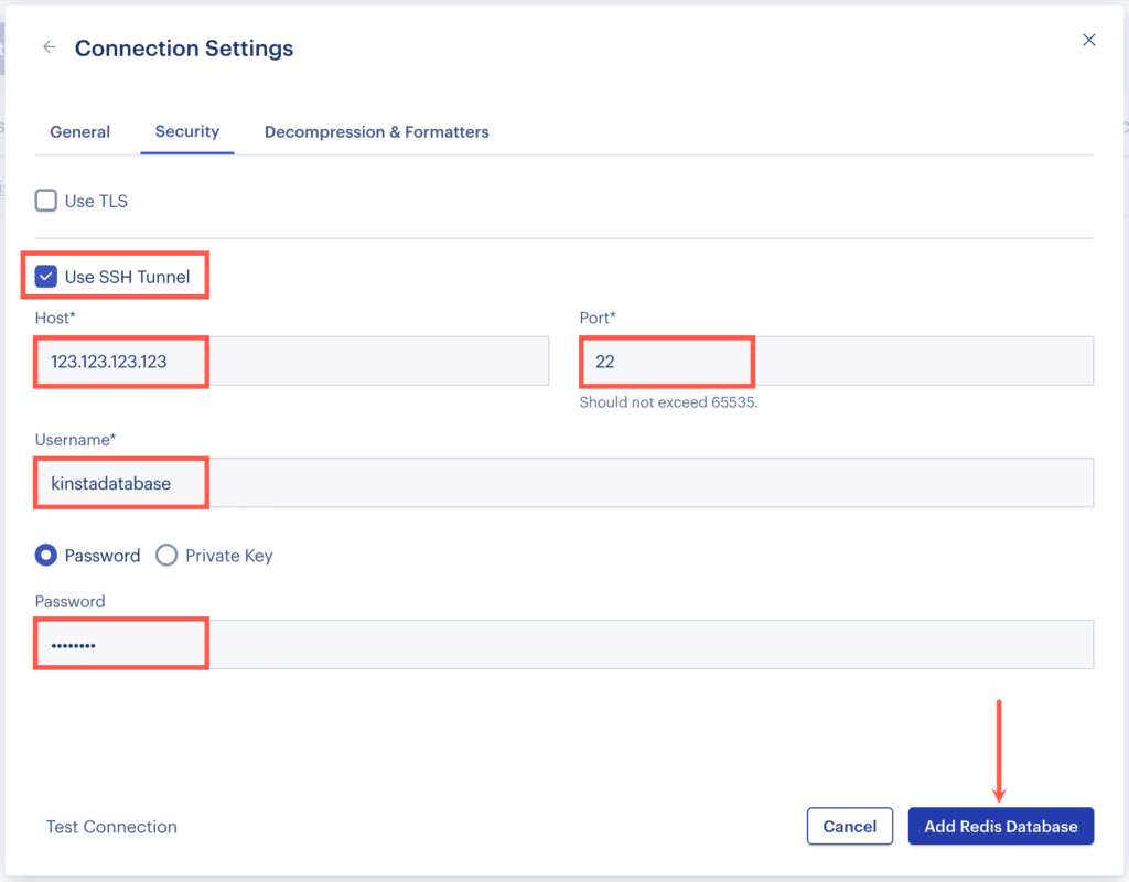 Enter your MyKinsta SSH credentials to connect to RedisInsight.