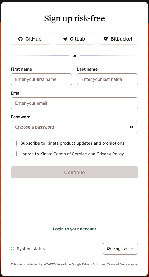 Use Single Sign-On to access and log in to MyKinsta with your Git service provider login.