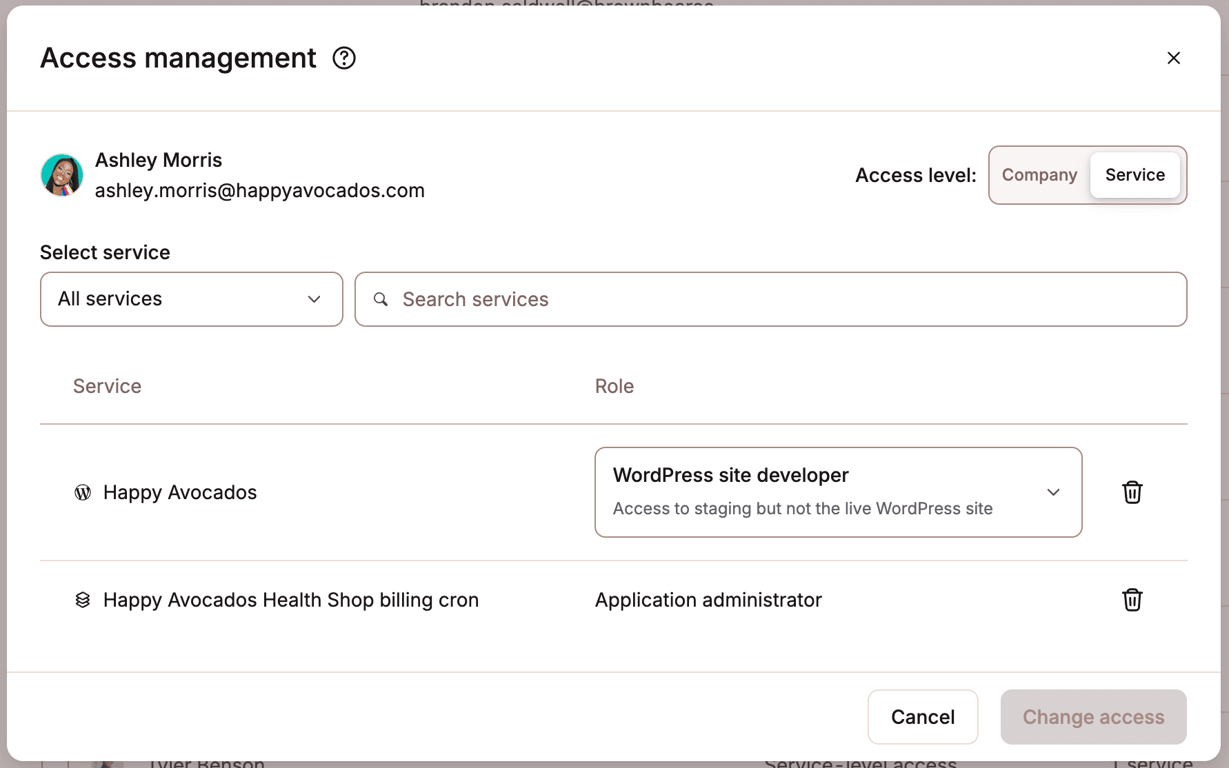 Een gebruiker verwijderen uit een service in MyKinsta.