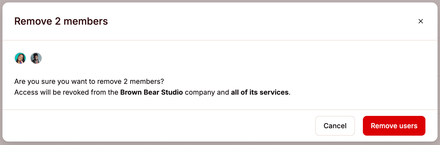 Bevestig het verwijderen van meerdere gebruikers uit een bedrijf in MyKinsta.