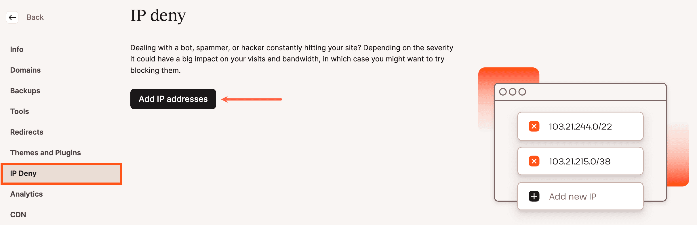 Een IP adres toevoegen om te worden geweigerd in MyKinsta.