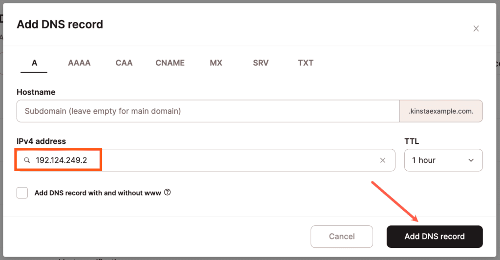 Adding an A record to your domain in Kinsta's DNS.