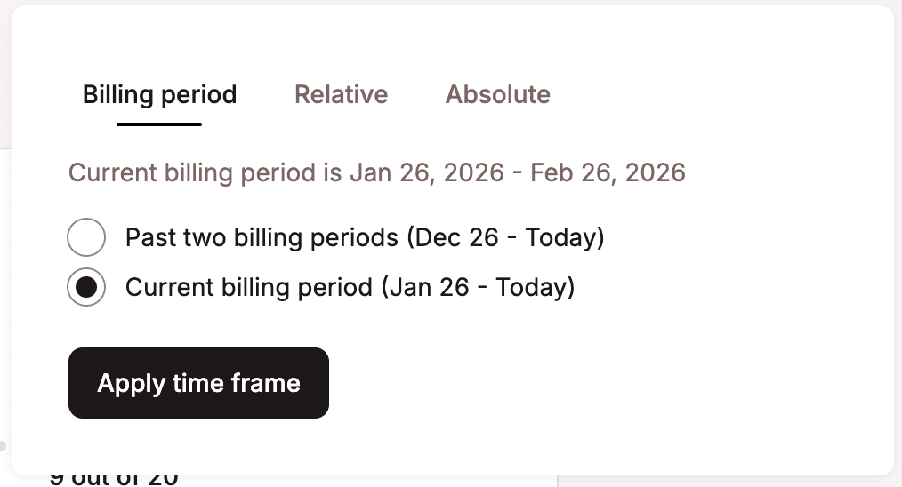 Analytics billing period date selector.