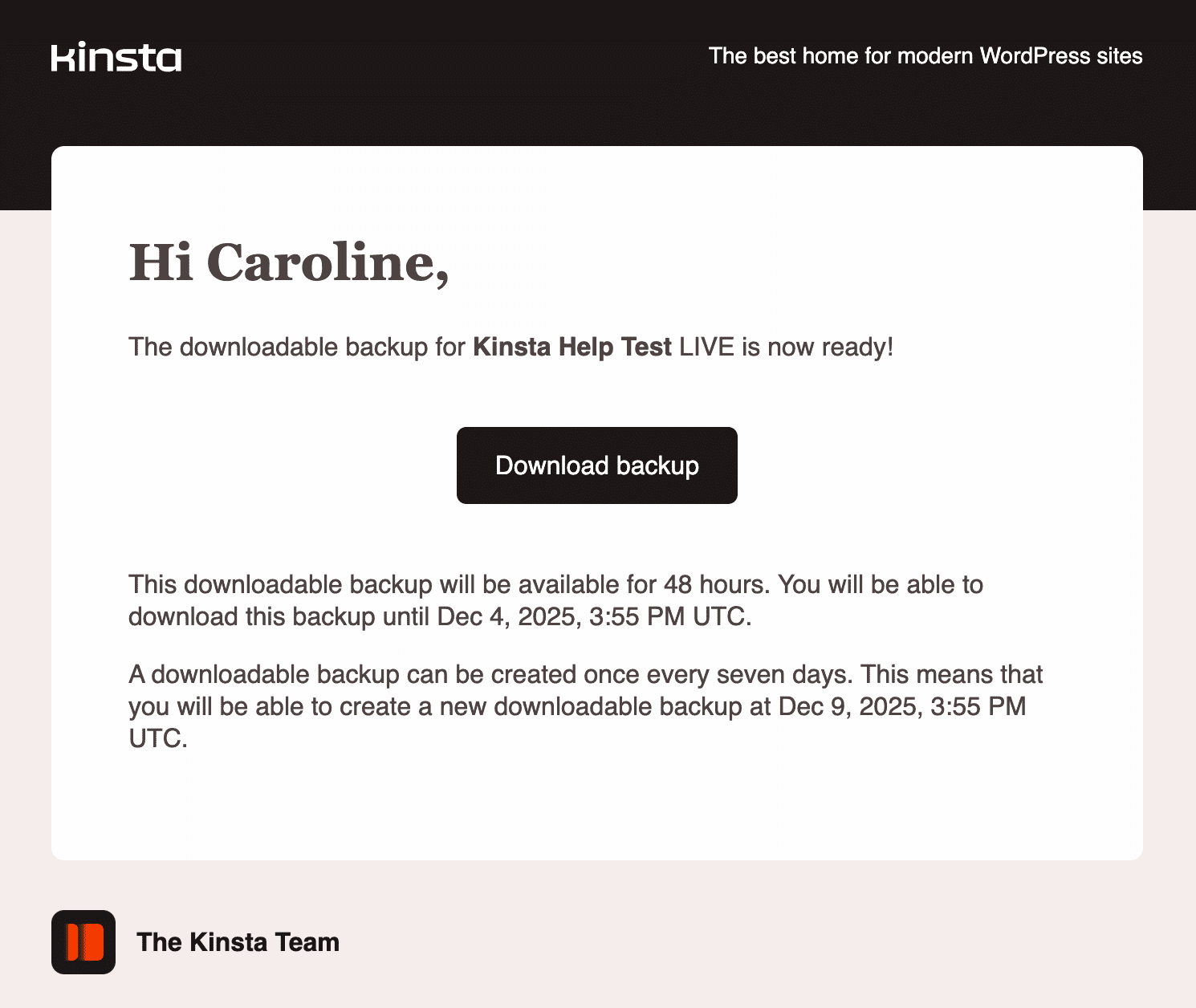 Downloadable backup notification email.