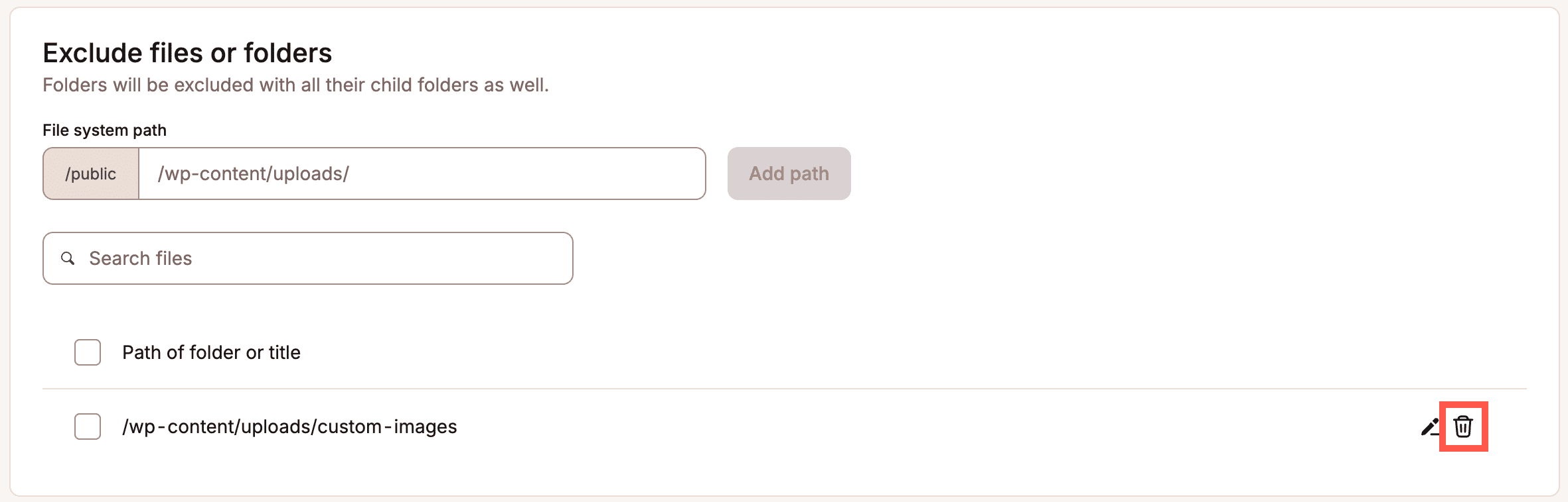 Delete a directory or URL exclusion in Kinsta CDN settings.