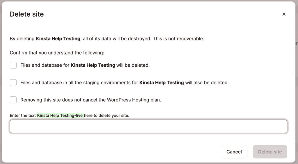 Delete WordPress site confirmation.