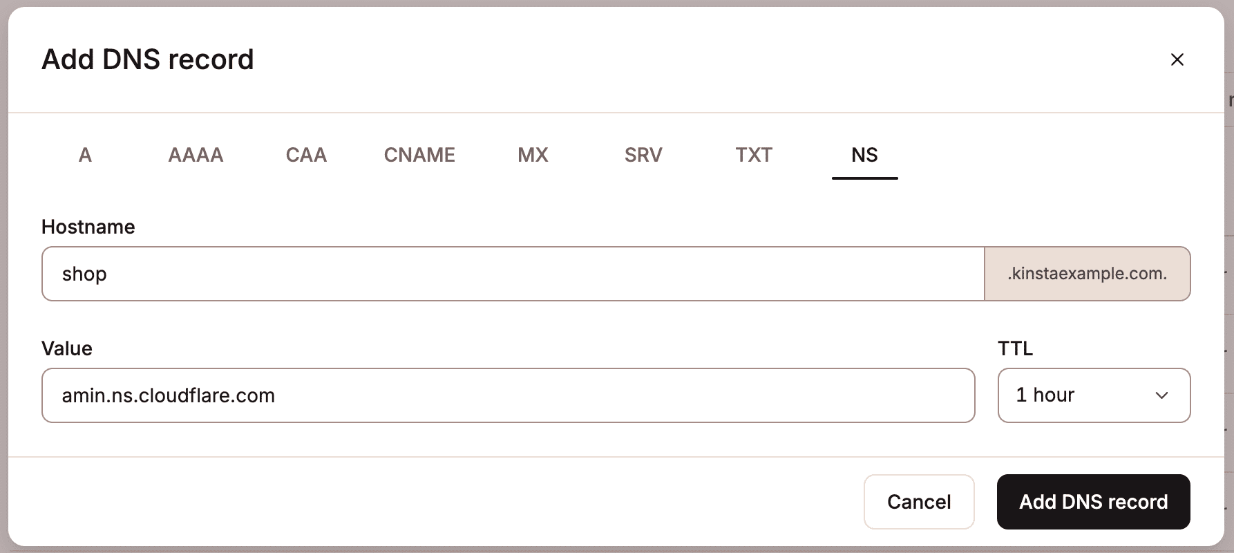 Add an NS record in Kinsta's DNS.