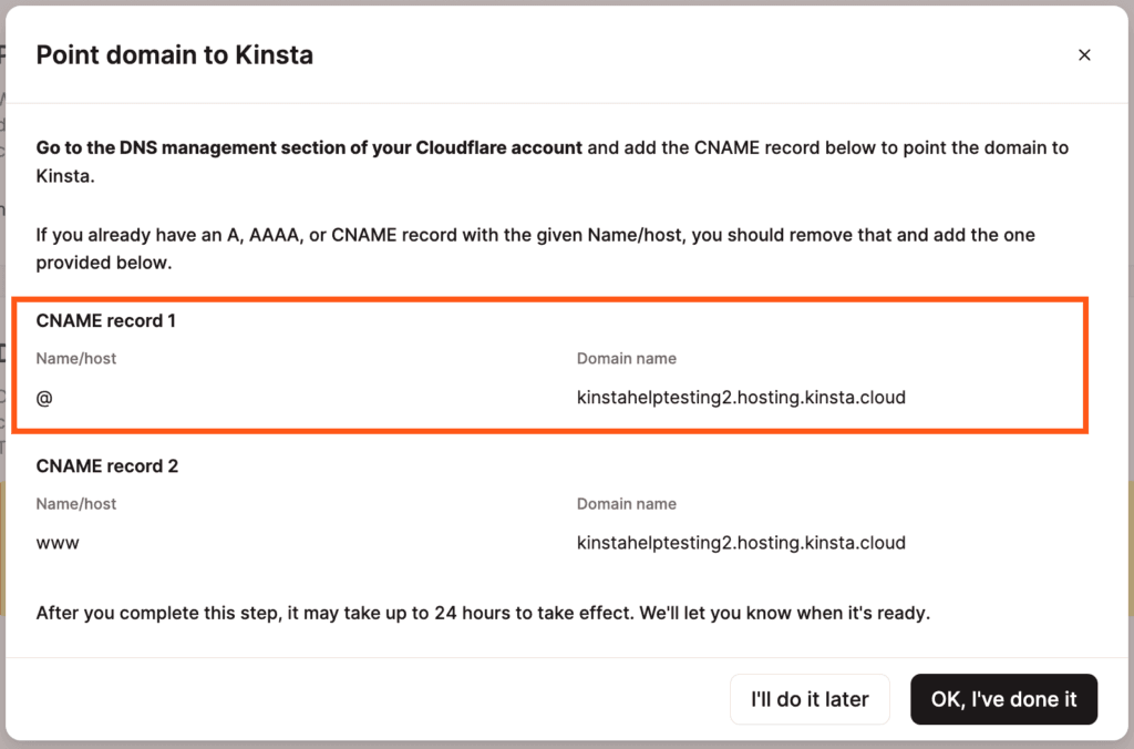 Il record CNAME per puntare il dominio a Kinsta.