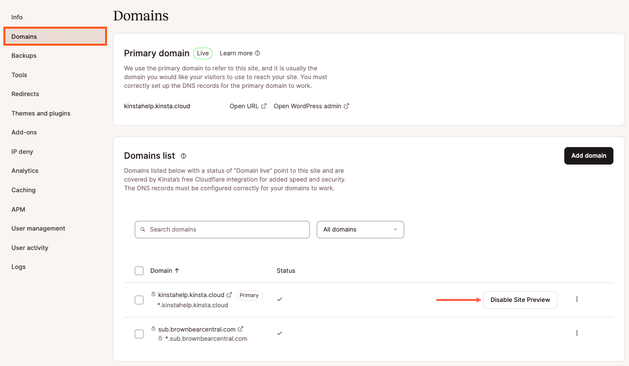 Desabilitando a Pré-visualização do Site na página de Domínios no MyKinsta.