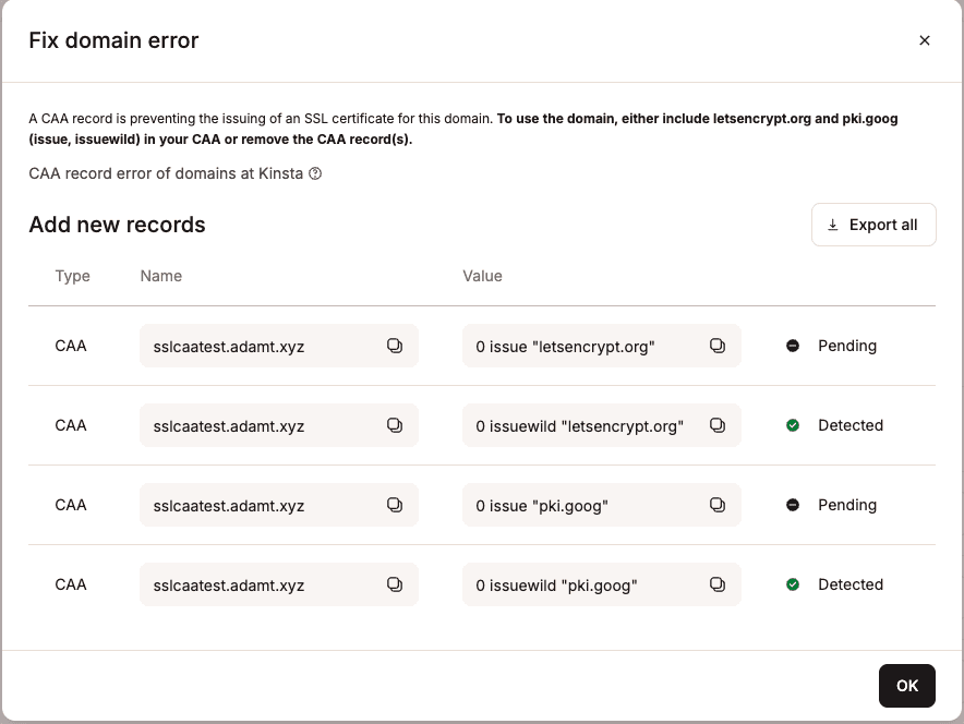 Fix domain error showing conflicting CAA DNS records.