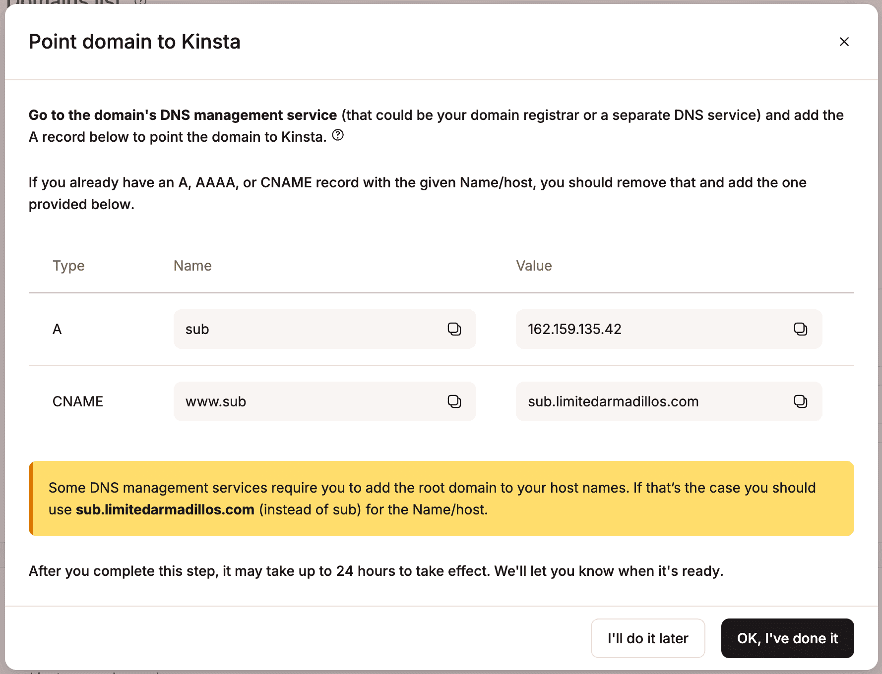 Site IP address to point your subdomain to in MyKinsta.