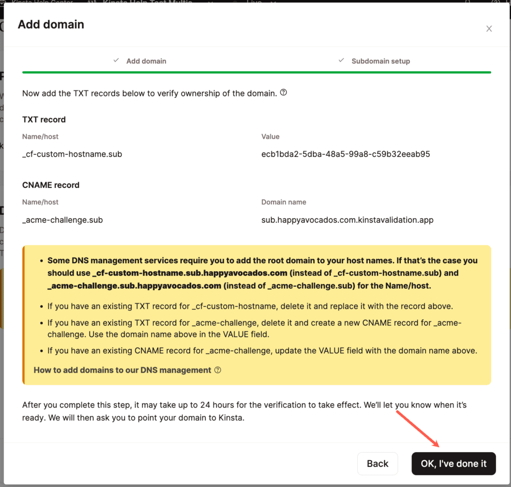 Cliccare su OK, ho fatto in MyKinsta.
