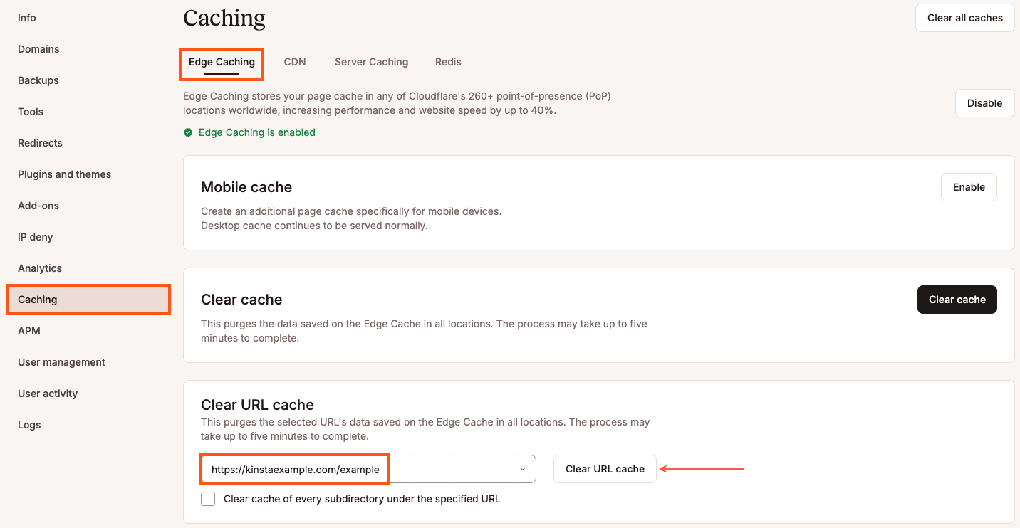 Clear edge cache for specific URLs.