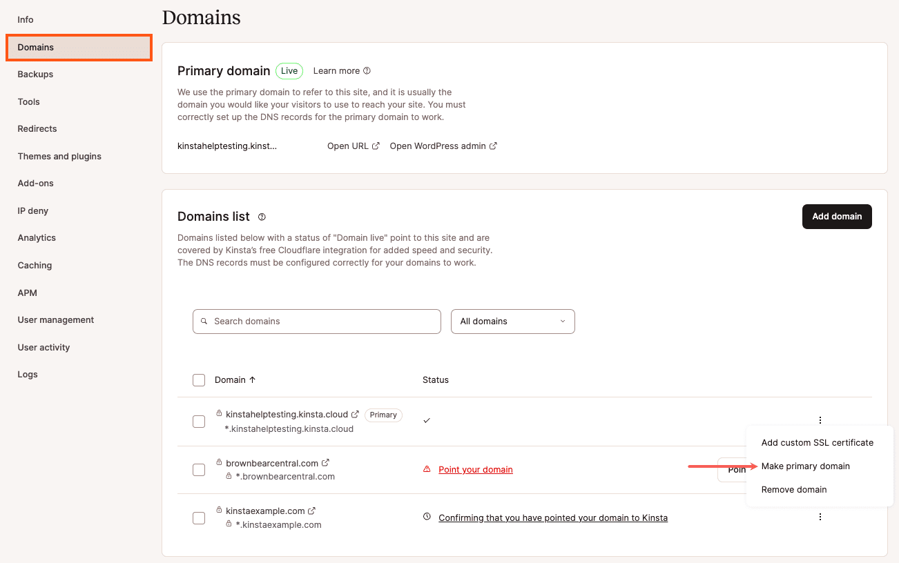 Hacer que un dominio sea el dominio principal en MyKinsta.