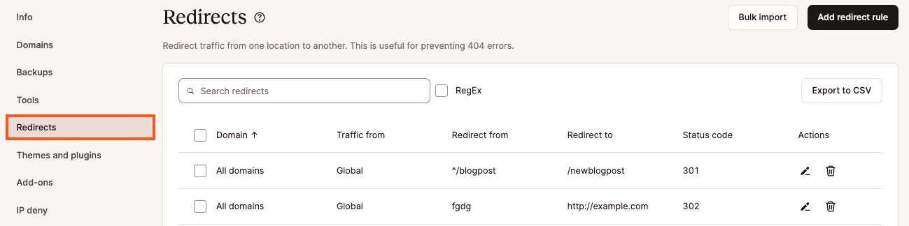 Manage redirect rules in MyKinsta.
