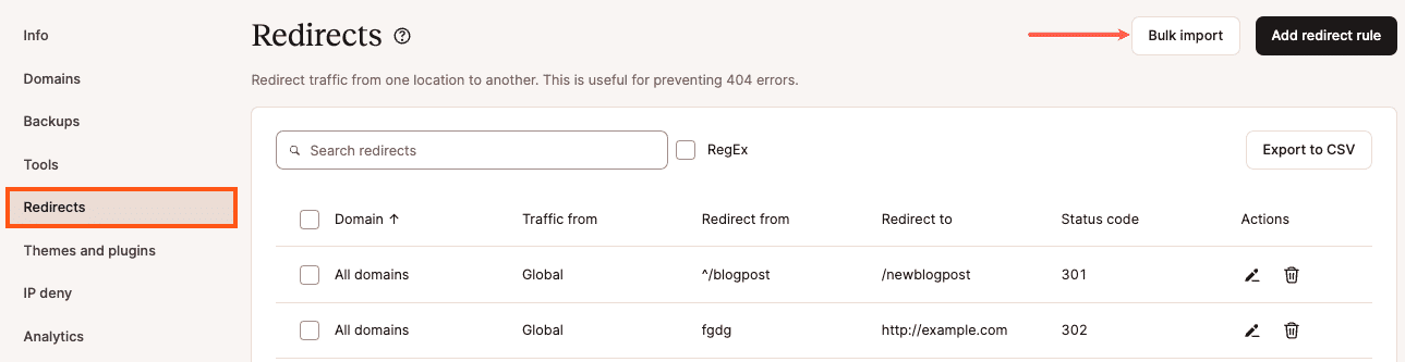 Bulk import redirects in MyKinsta.