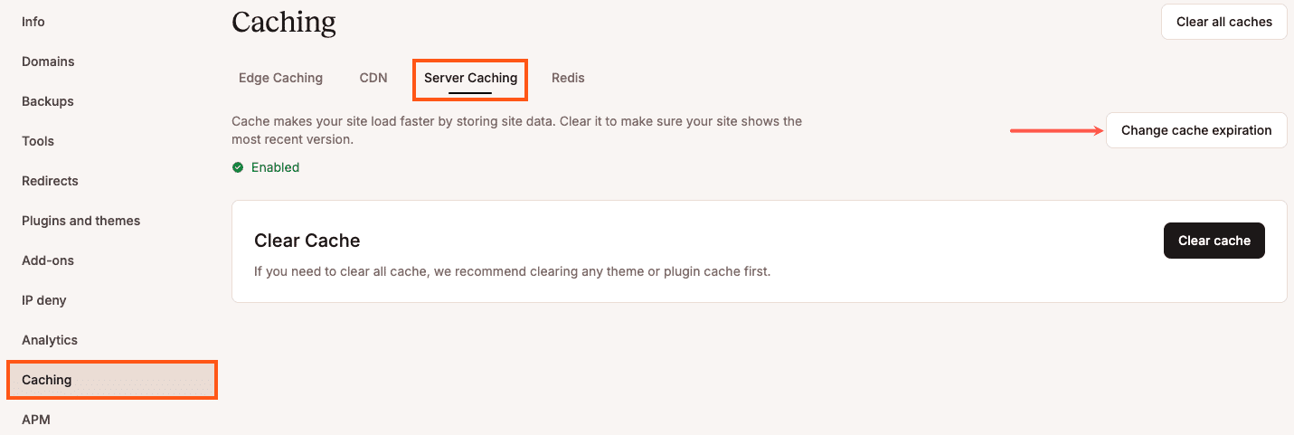 Change the cache expiration in the Caching tab in MyKinsta.
