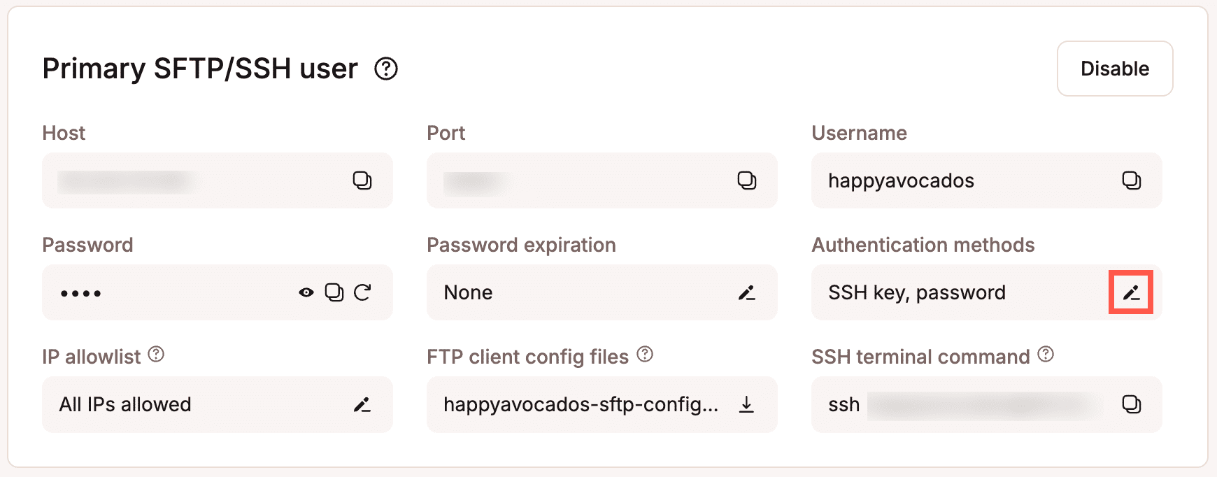 Change the primary SSH user authentication methods.