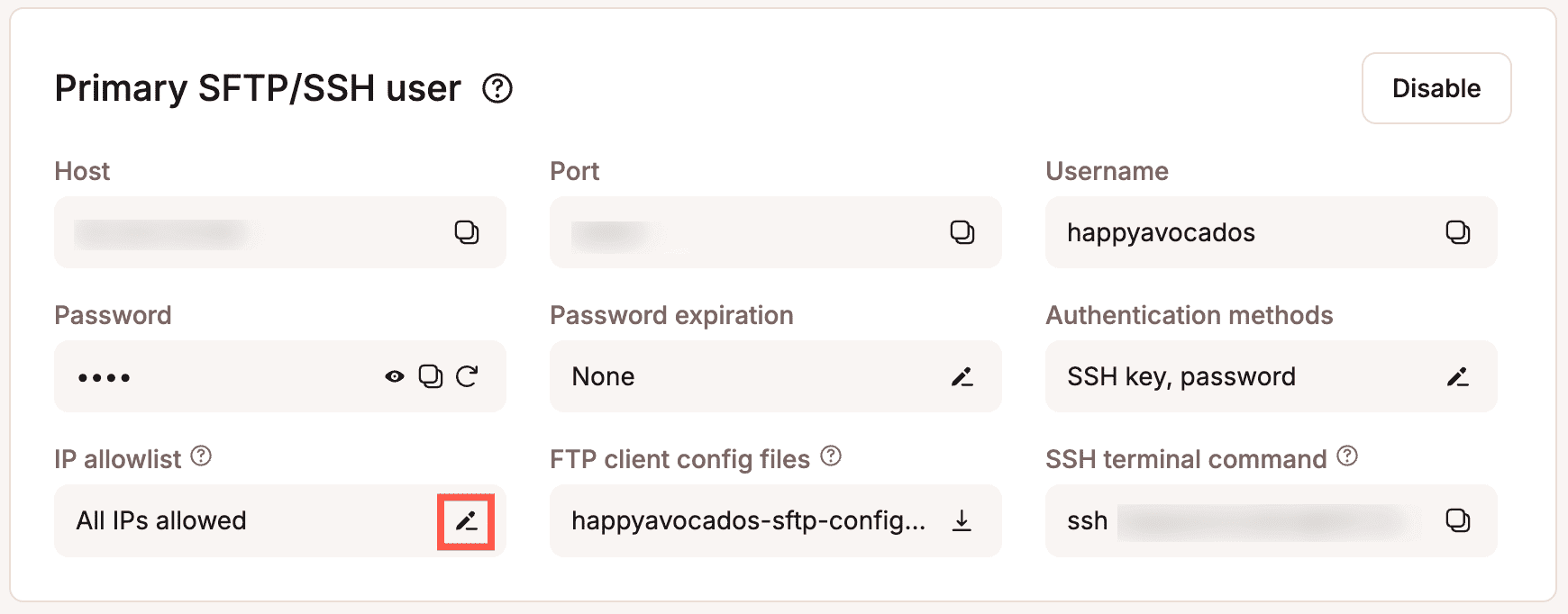 Specify which IP addresses can access the environment via SFTP/SSH.