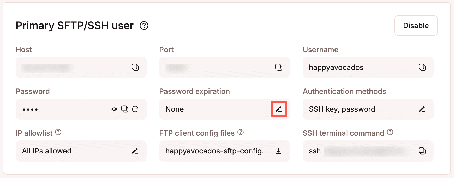 Change the primary STFP/SSH user password expiration time.