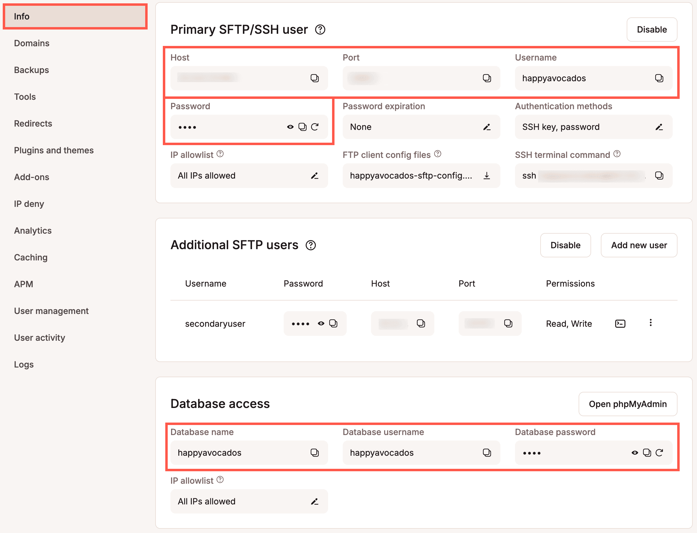 Credentials for setting up SSH tunneling can be found in MyKinsta.