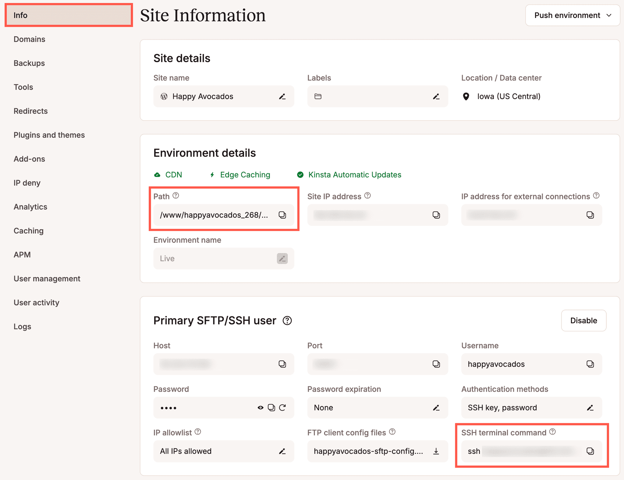 Percorso pubblico e dati SSH in MyKinsta.