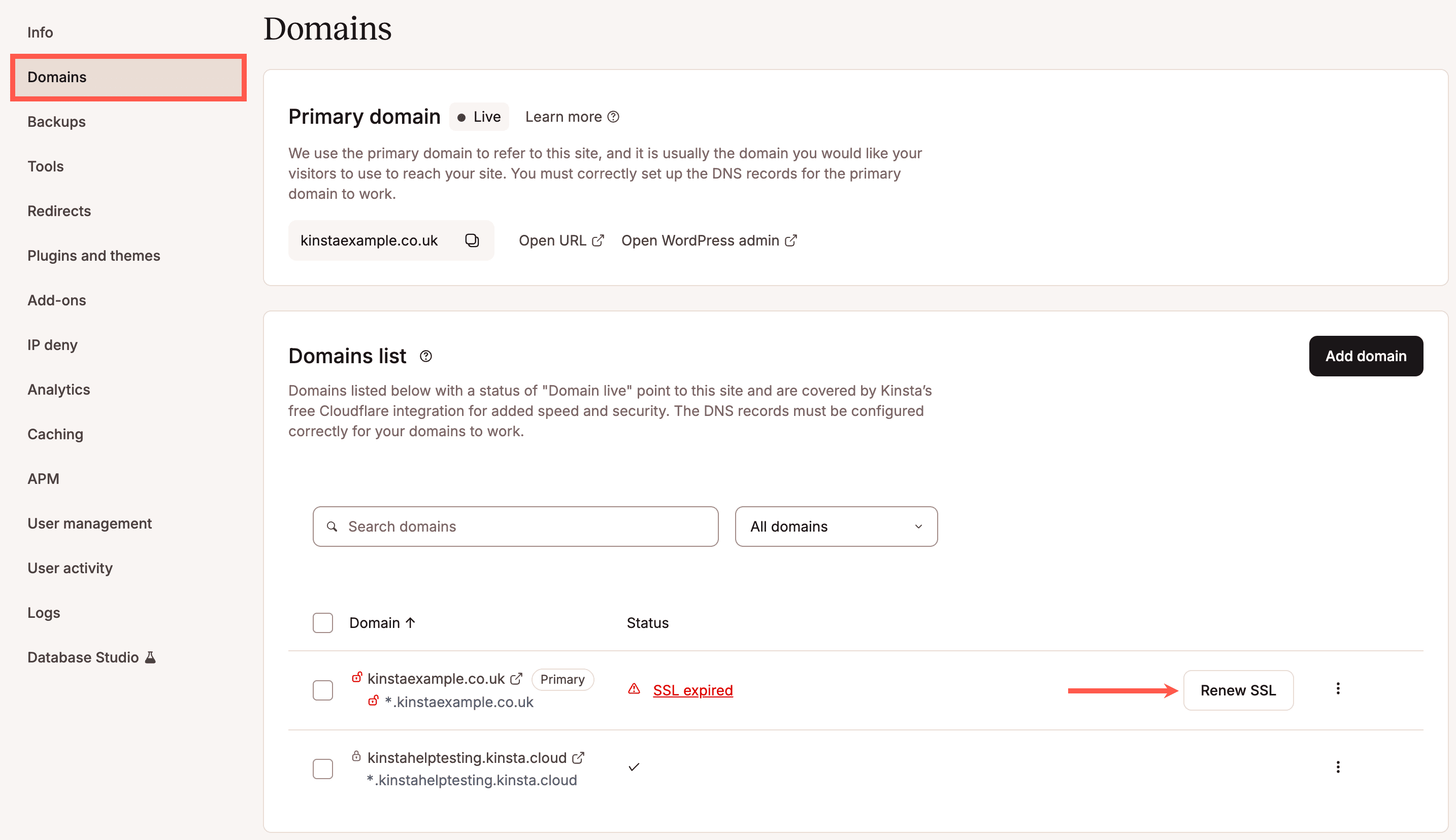 Renew SSL for the domain in the MyKinsta Domains list.