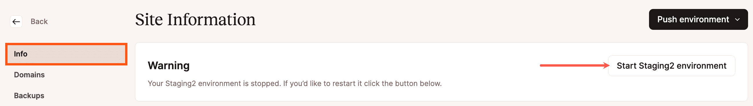 Restart your staging environment in MyKinsta.