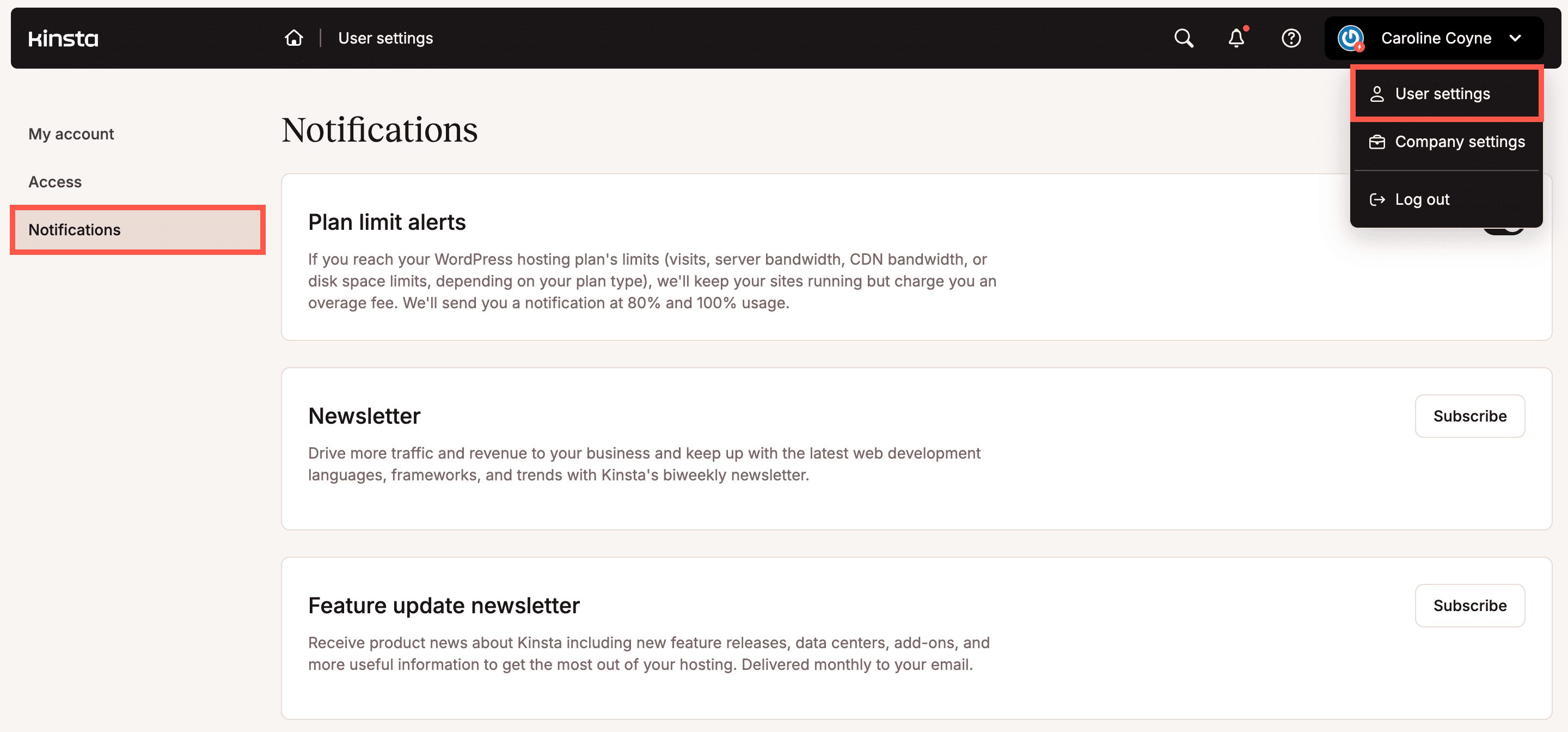 Notification settings in MyKinsta.