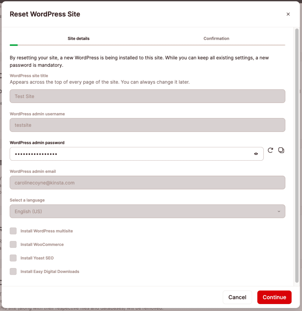 Ripristina il tuo sito per installare un nuovo WordPress, ma mantieni le impostazioni.