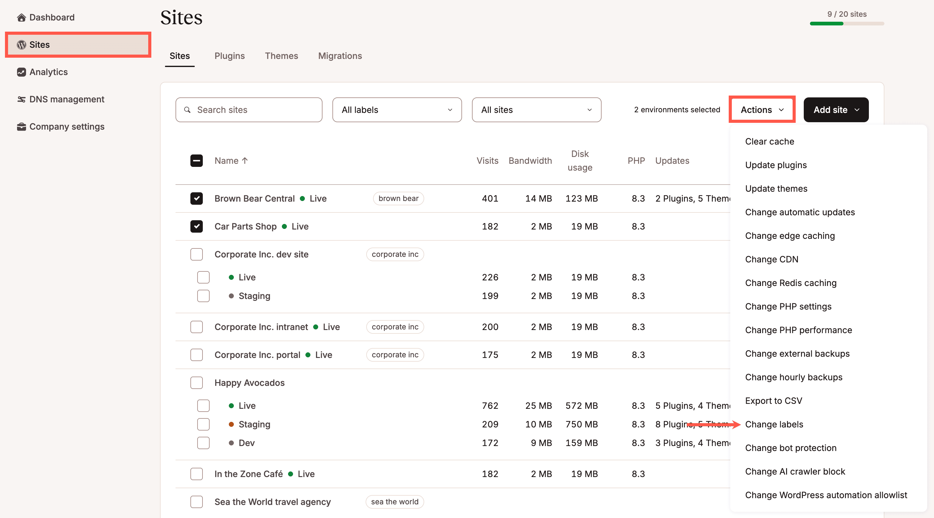 Change labels for multiple sites simultaneously.