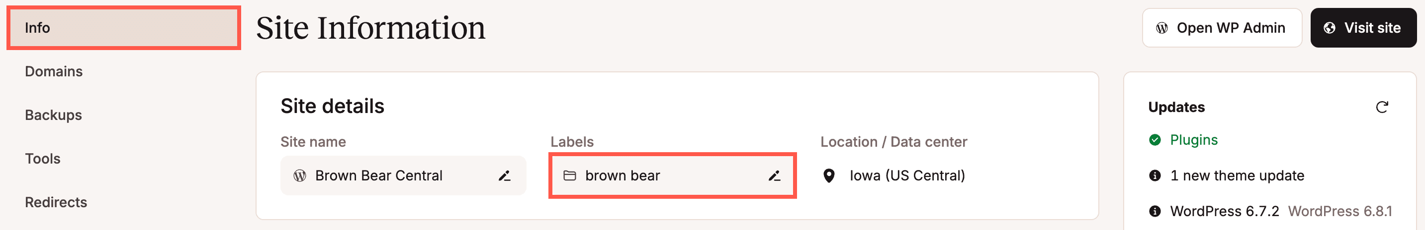 Site labels on the Site Information page in MyKinsta.