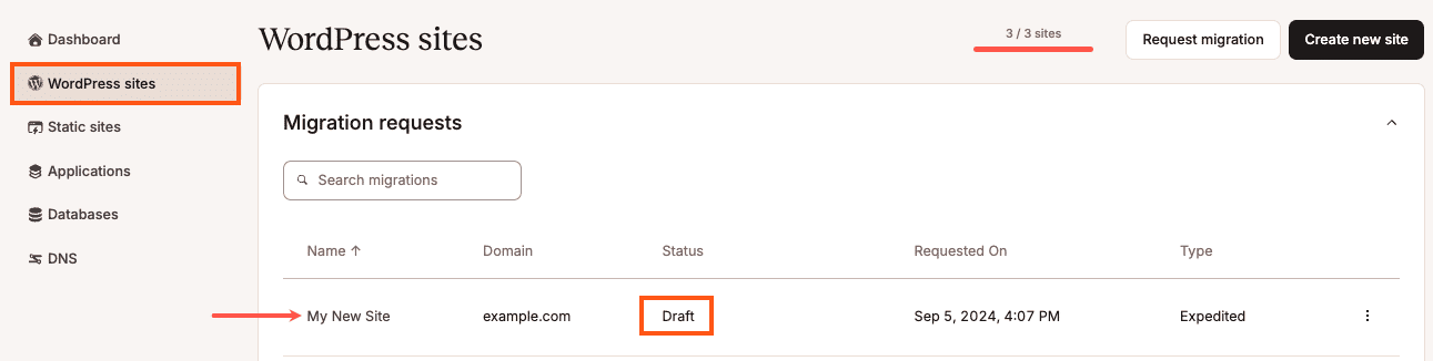 Basta cliccare sul nome di una richiesta di migrazione per continuare a modificarla o per visualizzare la pagina dei dettagli della migrazione.